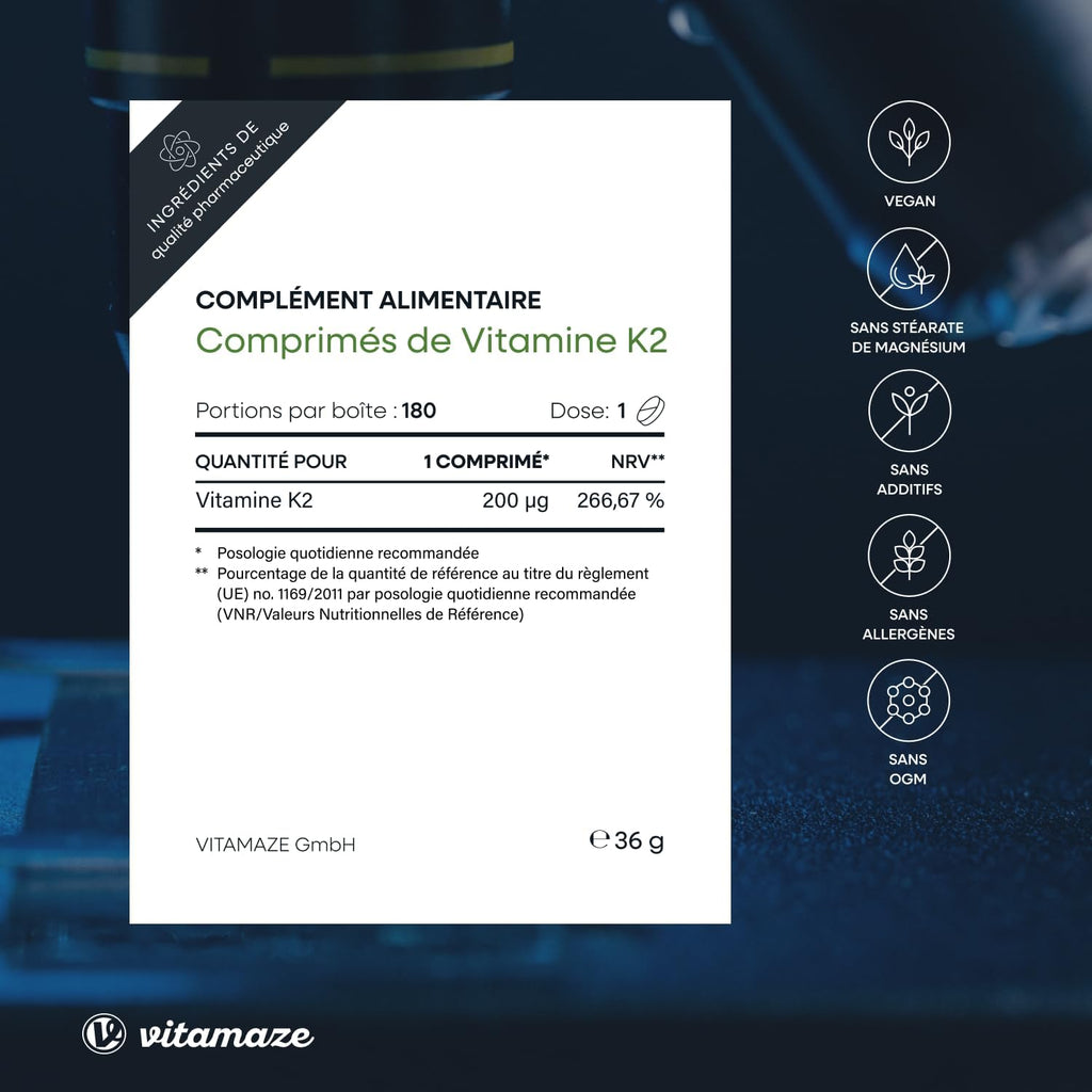 Vitamine K2 MK-7 À Fort Dosage, 200 Mcg Ménaquinone Pour 6 Mois - 180 Comprimés Vegan - Qualité Allemande, Complément Alimentaire Sans Additifs Inutiles