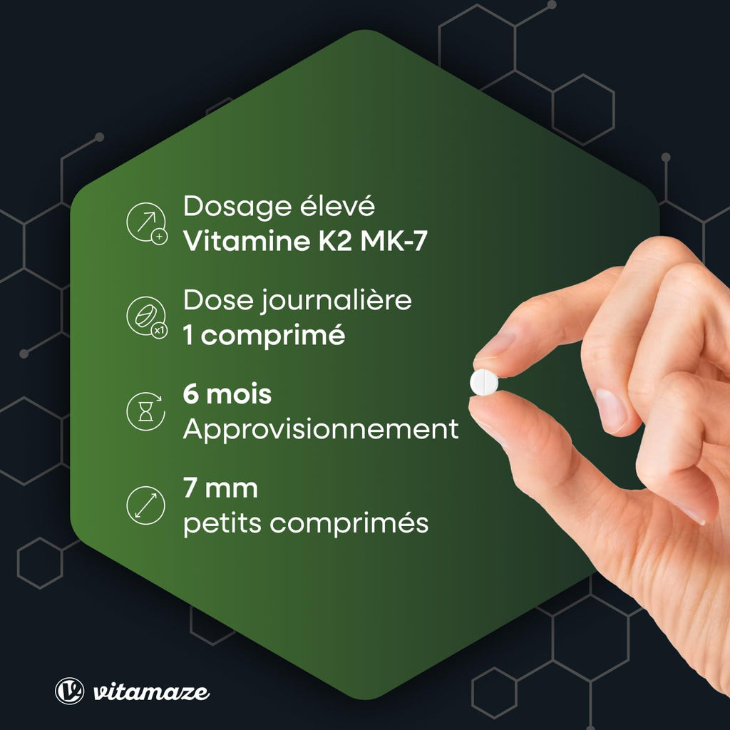 Vitamine K2 MK-7 À Fort Dosage, 200 Mcg Ménaquinone Pour 6 Mois - 180 Comprimés Vegan - Qualité Allemande, Complément Alimentaire Sans Additifs Inutiles