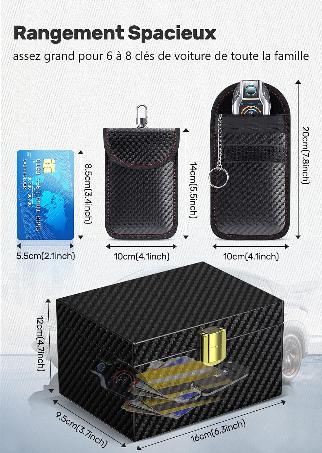 Boîte anti RFID Clé Voiture Ensemble Avec Etui RFID, Boitier Blocage Signal RFID Protection De Sécurité Clé Télécommande Voiture Keyless Go Contre Piratage À Distance Noir (Noir M)
