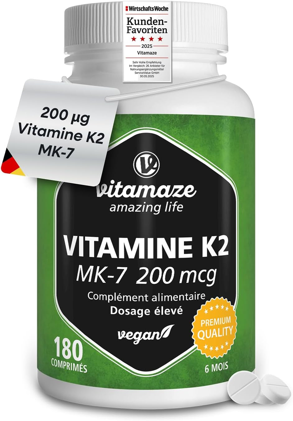 Vitamine K2 MK-7 À Fort Dosage, 200 Mcg Ménaquinone Pour 6 Mois - 180 Comprimés Vegan - Qualité Allemande, Complément Alimentaire Sans Additifs Inutiles