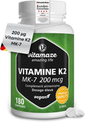 Vitamine K2 MK-7 À Fort Dosage, 200 Mcg Ménaquinone Pour 6 Mois - 180 Comprimés Vegan - Qualité Allemande, Complément Alimentaire Sans Additifs Inutiles